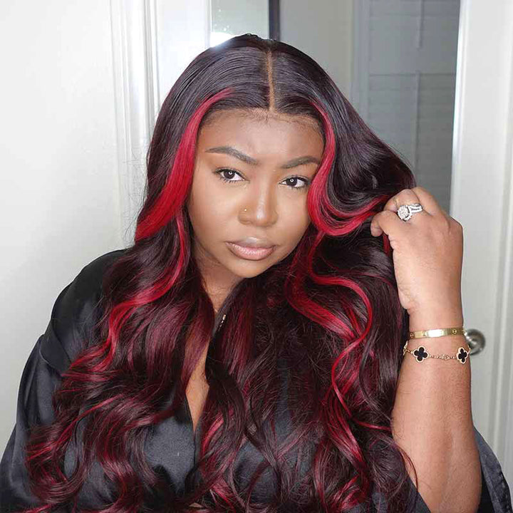 Body Wave wig with Burgundy 99J Red Highlights, 180% density, 13x4 HD lace