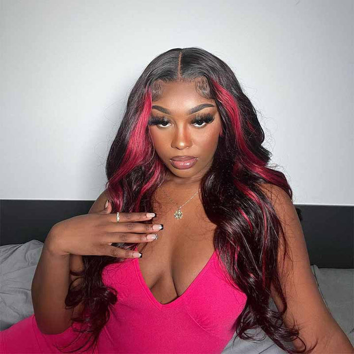 Body Wave wig with Burgundy Highlights, 13x4 HD transparent lace front