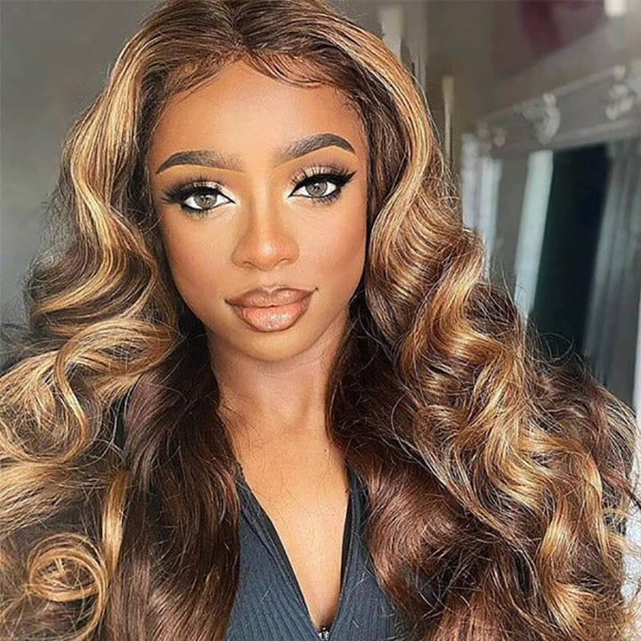 Body Wave wig with P4/27 highlights, 13x6 HD lace front, natural hairline