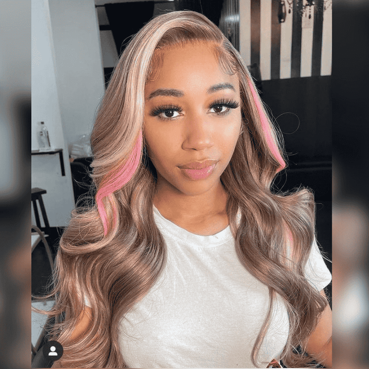 Brown Hair With Pink Highlights Human Hair Wig 13x4 Lace Front Natural Look