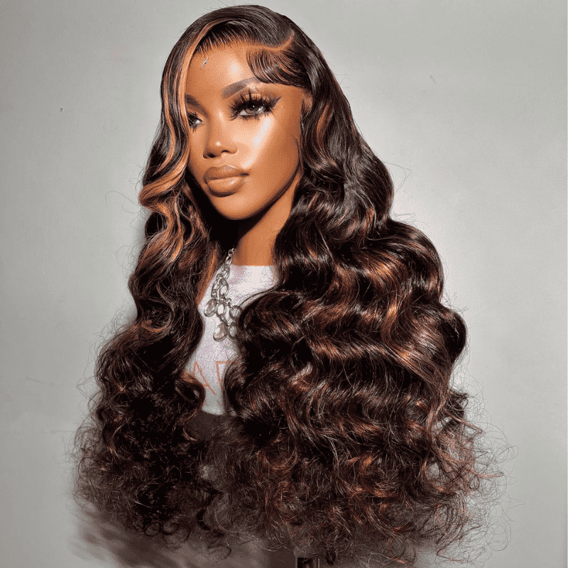Brown Highlight Wand Curls Loose Deep Wave wig, 250% density 13x4 lace