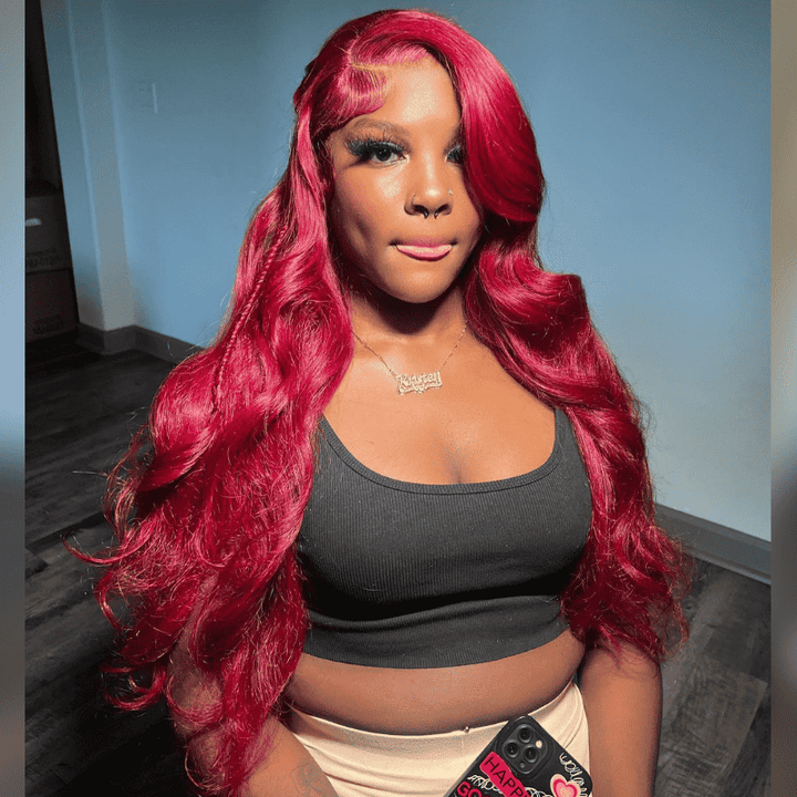 Burgundy 99J Red Body Wave human hair wig, 250% density, 13x4 lace
