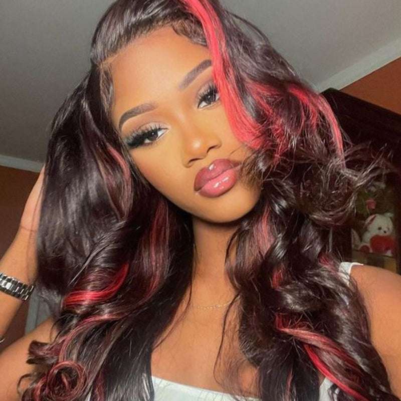 Burgundy 99J Red Highlight Body Wave 13x4 lace front wig, HD lace