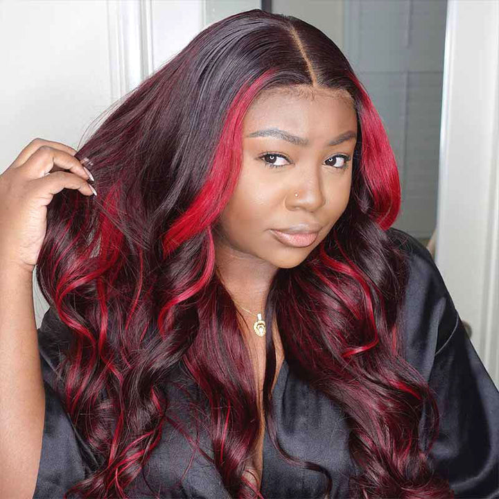 Burgundy 99J Red Highlight Body Wave human hair, 13x4 lace front wig