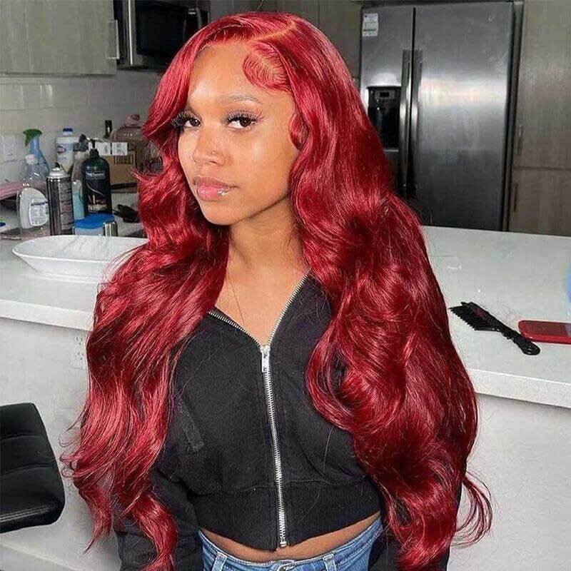 Burgundy Body Wave 13x4 glueless HD lace front wig, 180% density