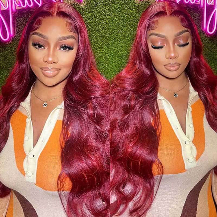 Burgundy Body Wave human hair wig, 180% density, 13x4 glueless lace