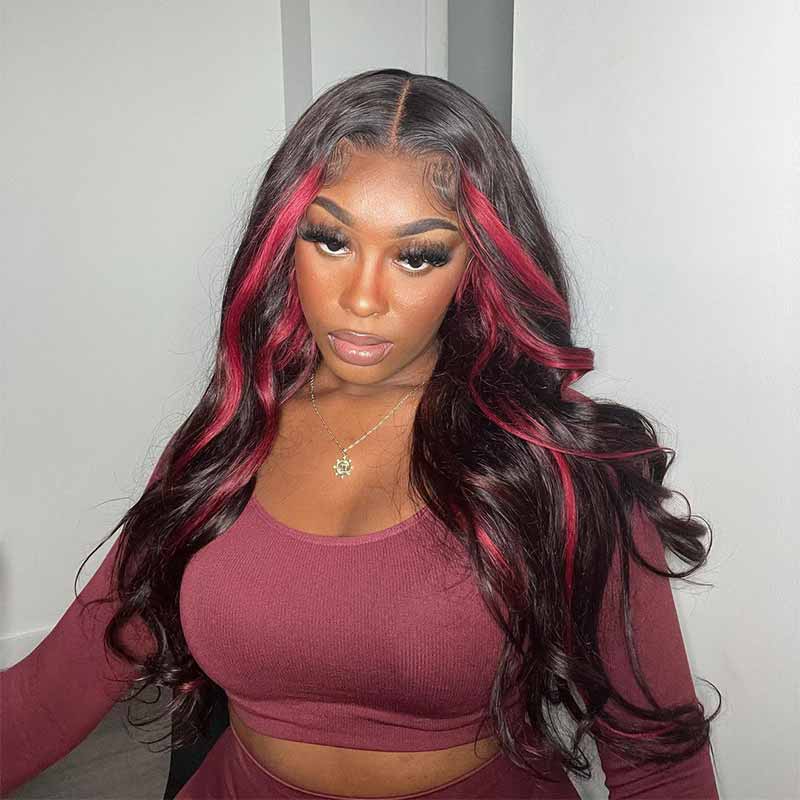 Burgundy Highlight Body Wave 13x4 lace front human hair wig, HD lace