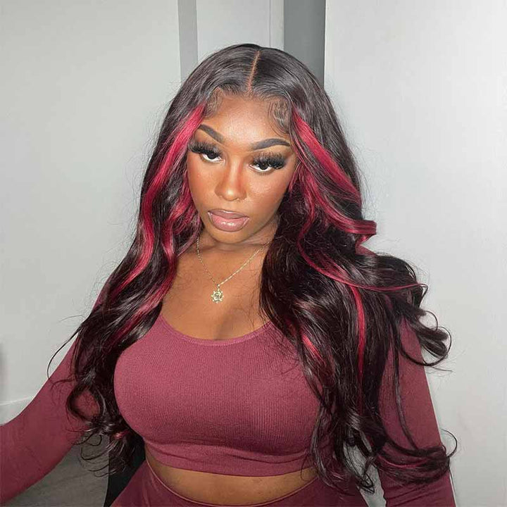 Burgundy Highlight Body Wave 13x4 lace front human hair wig, HD lace