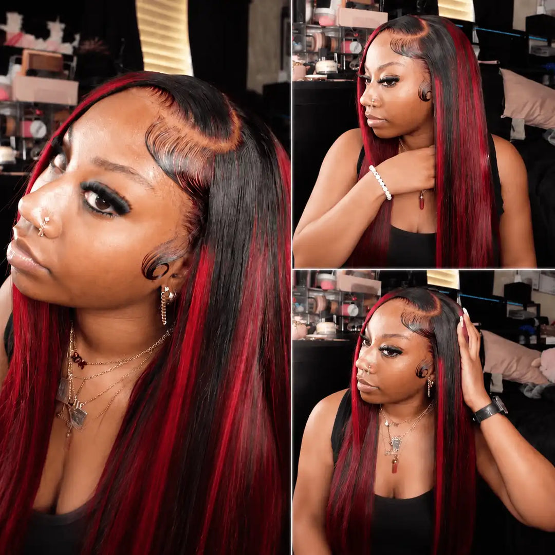 Burgundy Highlight Dark Roots Straight Lace Front Human Hair Wig Close Up
