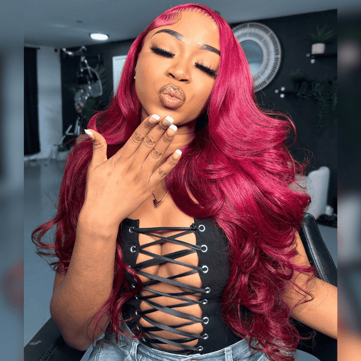 Burgundy Red Body Wave human hair wig, 250% density, 13x4 HD lace