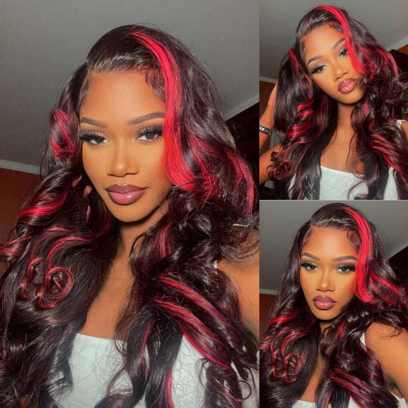 Burgundy Red Highlight Body Wave 13x4 glueless wig, HD transparent lace