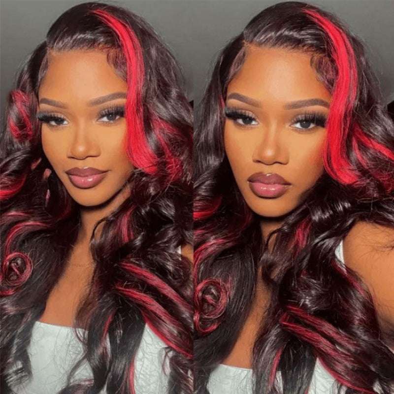 Burgundy Red Highlight Body Wave human hair wig, 13x4 HD transparent lace