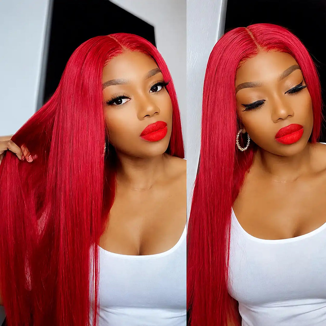 Burgundy Straight Lace Wig 100% Human Hair Soft Texture