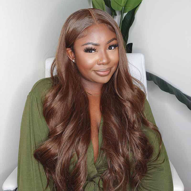 Bye Bye Knots glueless wig, Chocolate Brown Body Wave, pre-cut human hair 180% density