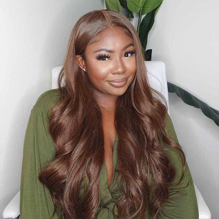 Bye Bye Knots glueless wig, Chocolate Brown Body Wave, pre-cut human hair 180% density