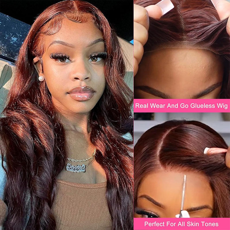 Bye Bye Knots glueless wig, Reddish Brown Body Wave, pre-cut human hair 180% density