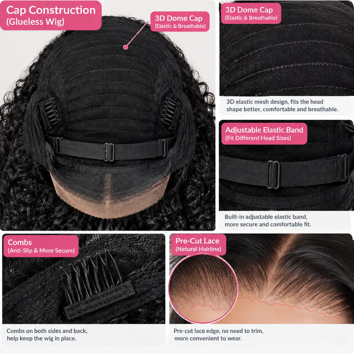 Cap Construction of Wear Go Glueless Short Bob Kinky Curly Human Hair Wig 200% Density