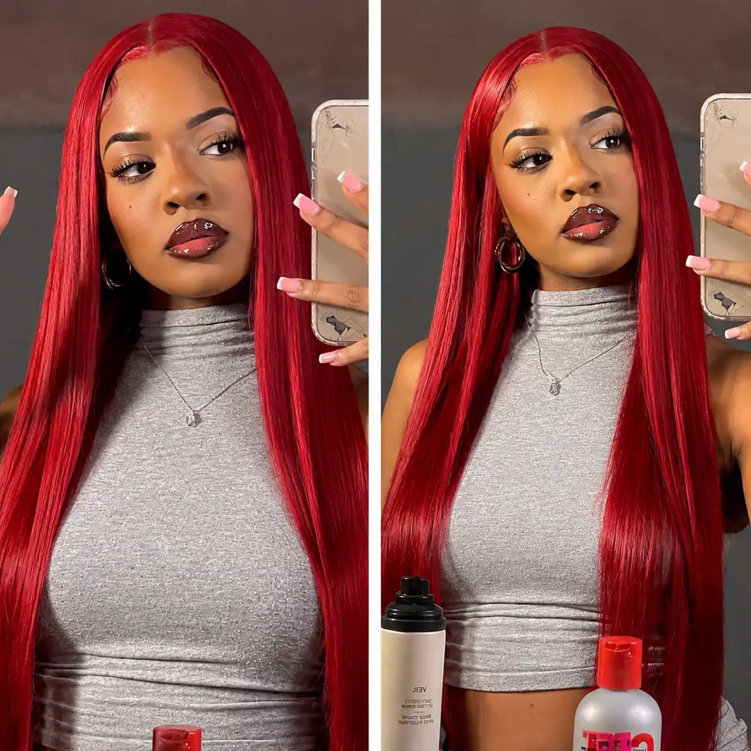 ALIGLOSSY 13x4 Burgundy Body Wave Wig 180 Density Wavy HD Transparent Human Hair Wigs