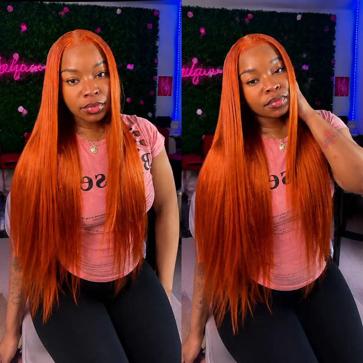 ALIGLOSSY 13X4 Orange Ginger Brazilian Straight Lace Front Wig HD Transparent Human Hair Wigs