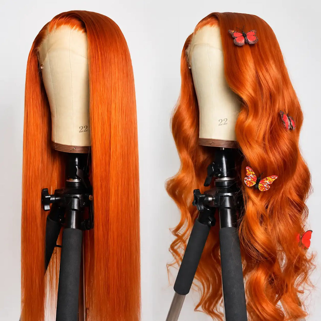 ALIGLOSSY 13X4 Orange Ginger Brazilian Straight Lace Front Wig HD Transparent Human Hair Wigs