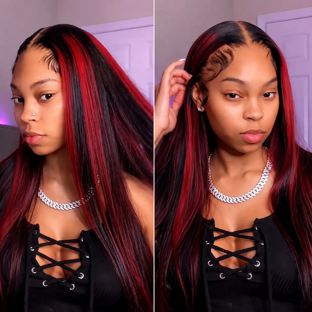 ALIGLOSSY Highlight 1B Burgundy 13x4 Straight Lace Front Human Hair Wigs HD Transparent Lace Wigs