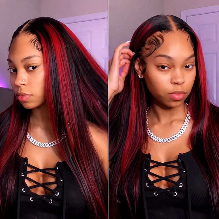 ALIGLOSSY Highlight 1B Burgundy 13x4 Straight Lace Front Human Hair Wigs HD Transparent Lace Wigs