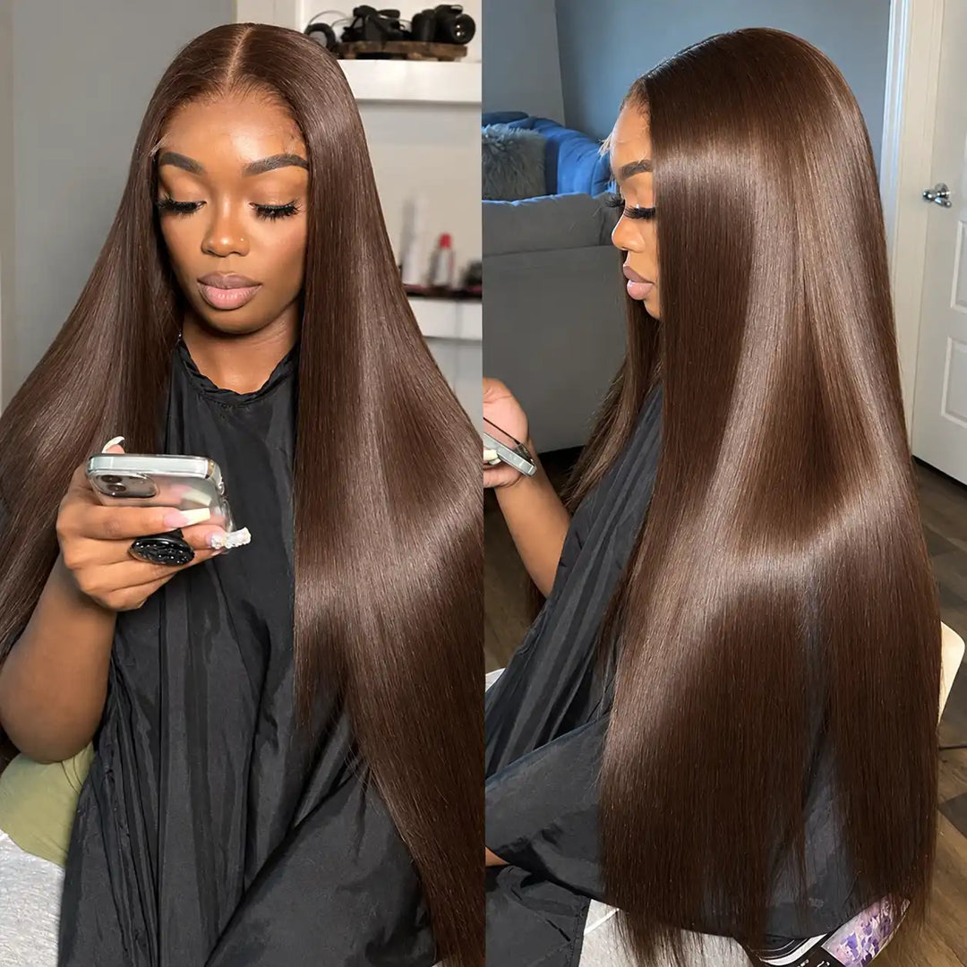Chocolate Brown 13x4 Straight Lace Front Wig HD Transparent Lace Human Hair Wigs - Front view showing natural pre-plucked hairline and silky straight texture.