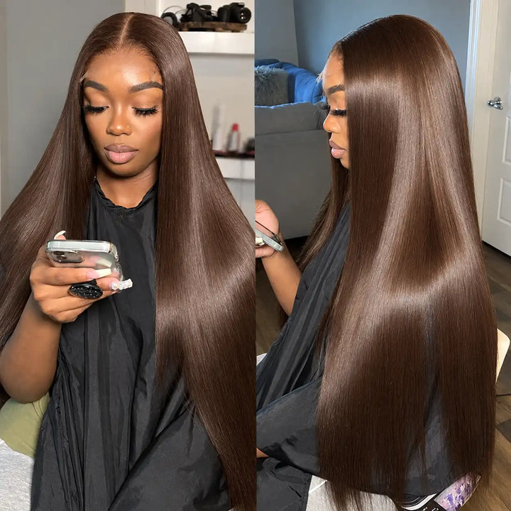 Chocolate Brown 13x4 Straight Lace Front Wig HD Transparent Lace Human Hair Wigs - Front view showing natural pre-plucked hairline and silky straight texture.
