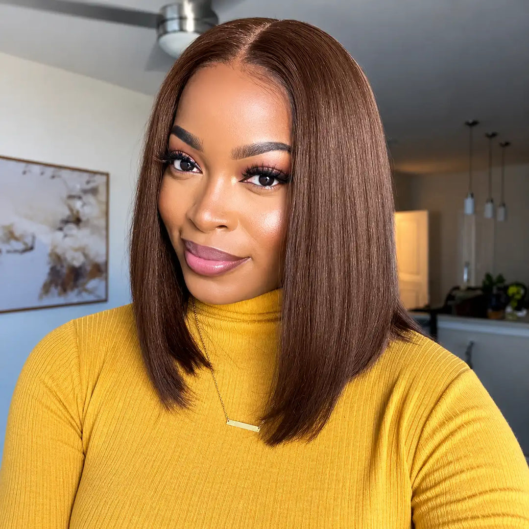Chocolate Brown #4 Short Bob Straight Wig 13x4 HD Transparent Lace Front Human Hair 200 Density