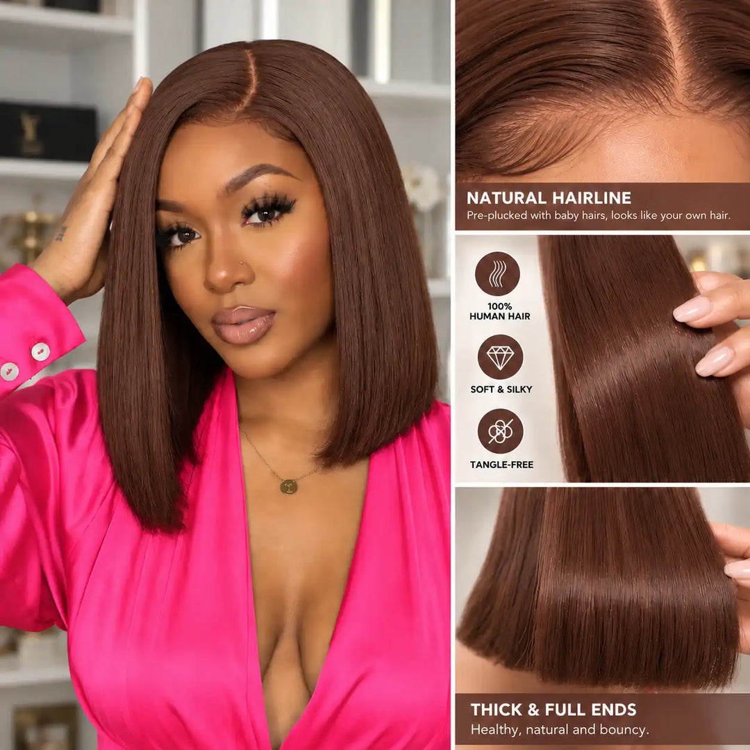 Chocolate Brown #4 Short Straight Bob 13x4 Lace Front Wig 200 Density - 100% Human Virgin Hair Texture