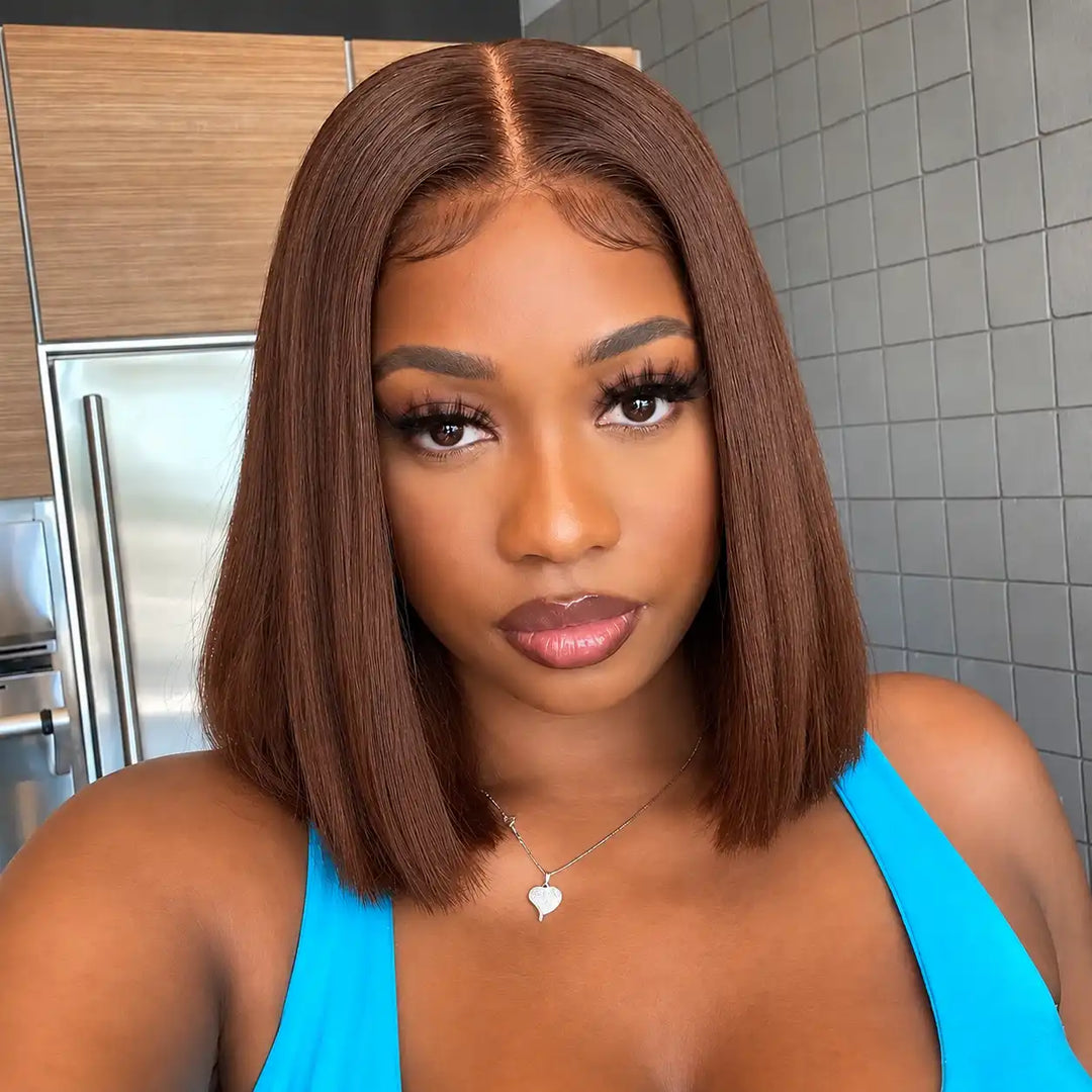 Chocolate Brown #4 Short Straight Bob 13x4 Lace Front Wig 200 Density - Front View