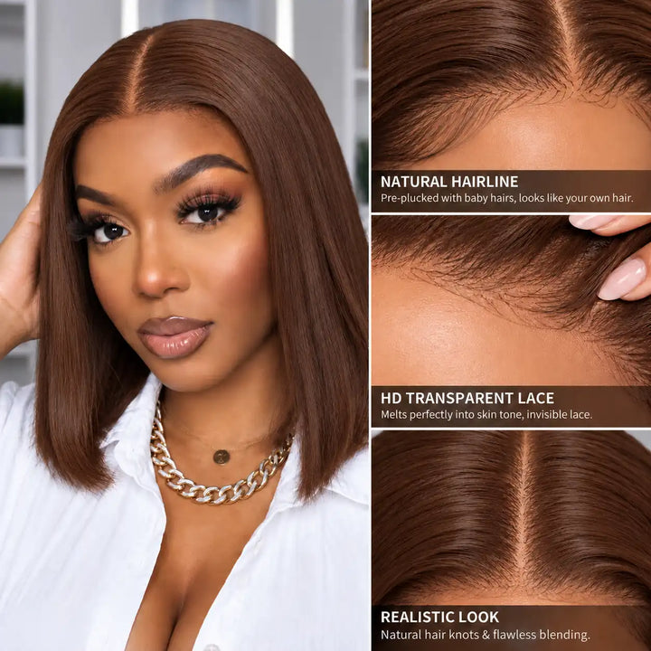 Chocolate Brown #4 Short Straight Bob 13x4 Lace Front Wig 200 Density - HD Transparent Lace Hairline