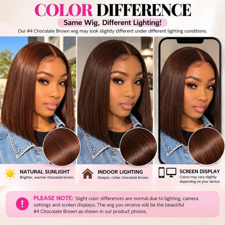 Chocolate Brown #4 Short Straight Bob 13x4 Lace Front Wig 200 Density - Natural Sunlight Color