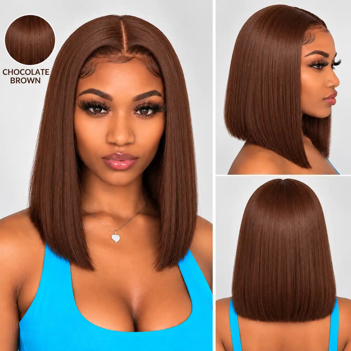 Chocolate Brown #4 Short Straight Bob 13x4 Lace Front Wig 200 Density - Side and Back Angle