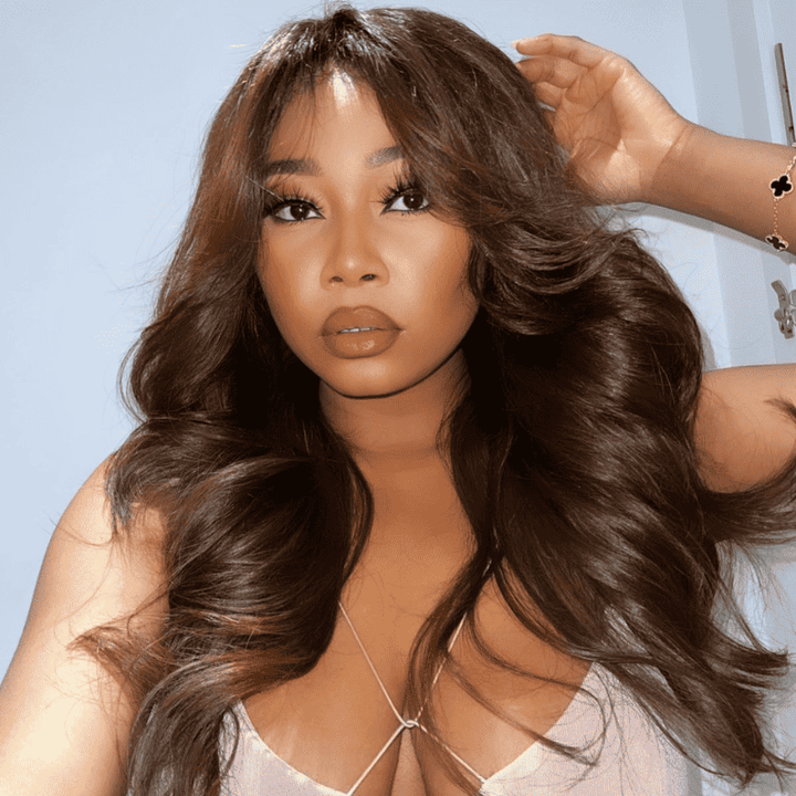 Chocolate Brown #4 human hair wig, 200% 250% density, Curtain Bangs