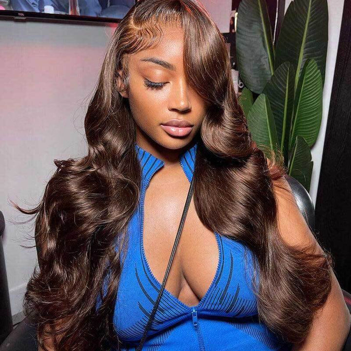 Chocolate Brown Body Wave 13x4 HD lace front glueless wig, 180% density