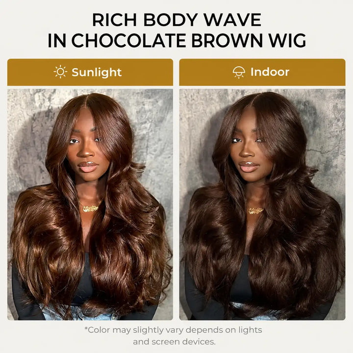 Chocolate Brown Body Wave Human Hair Wig Color Under Sunlight and Indoor Lighting