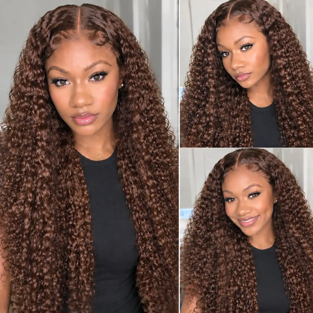 Chocolate Brown Deep Wave 13X4 Lace Front Human Hair Wig worn by model, highlighting HD transparent lace and beginner friendly style