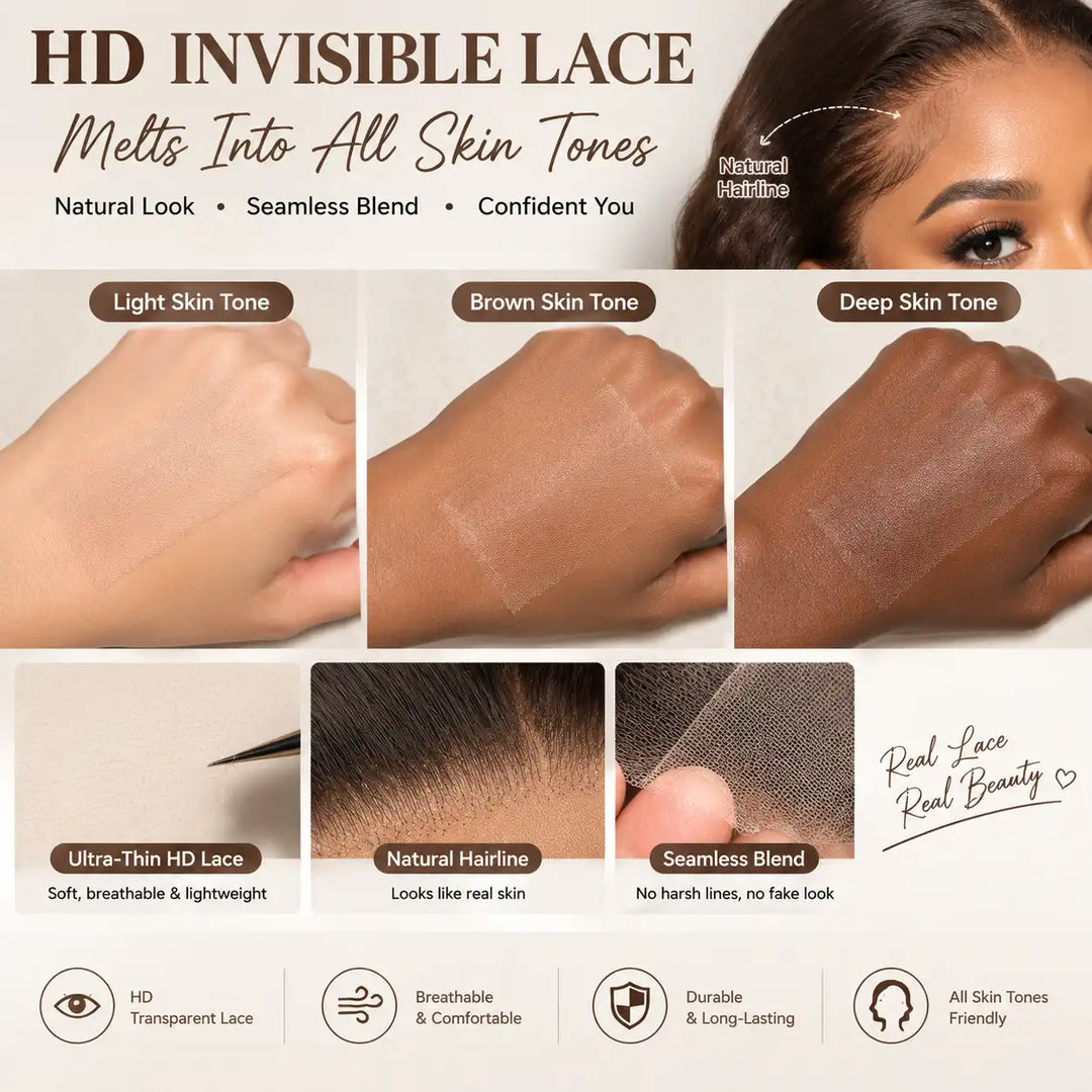 Chocolate Brown Loose Deep Wave 13x4 HD Lace Front Wig Wand Curls displaying HD Invisible Lace melting into Light, Brown, and Deep Skin Tones with natural pre-plucked hairline.