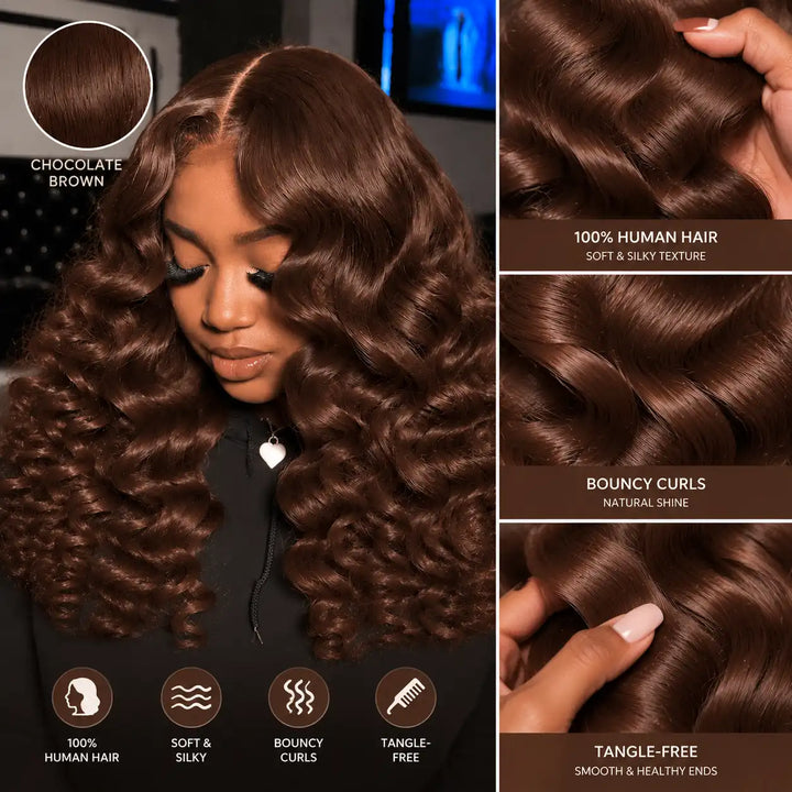 Chocolate Brown Short Bob Loose Deep Wave Wig 13x4 Lace Frontal 200 Density - 100% Human Virgin Hair Texture