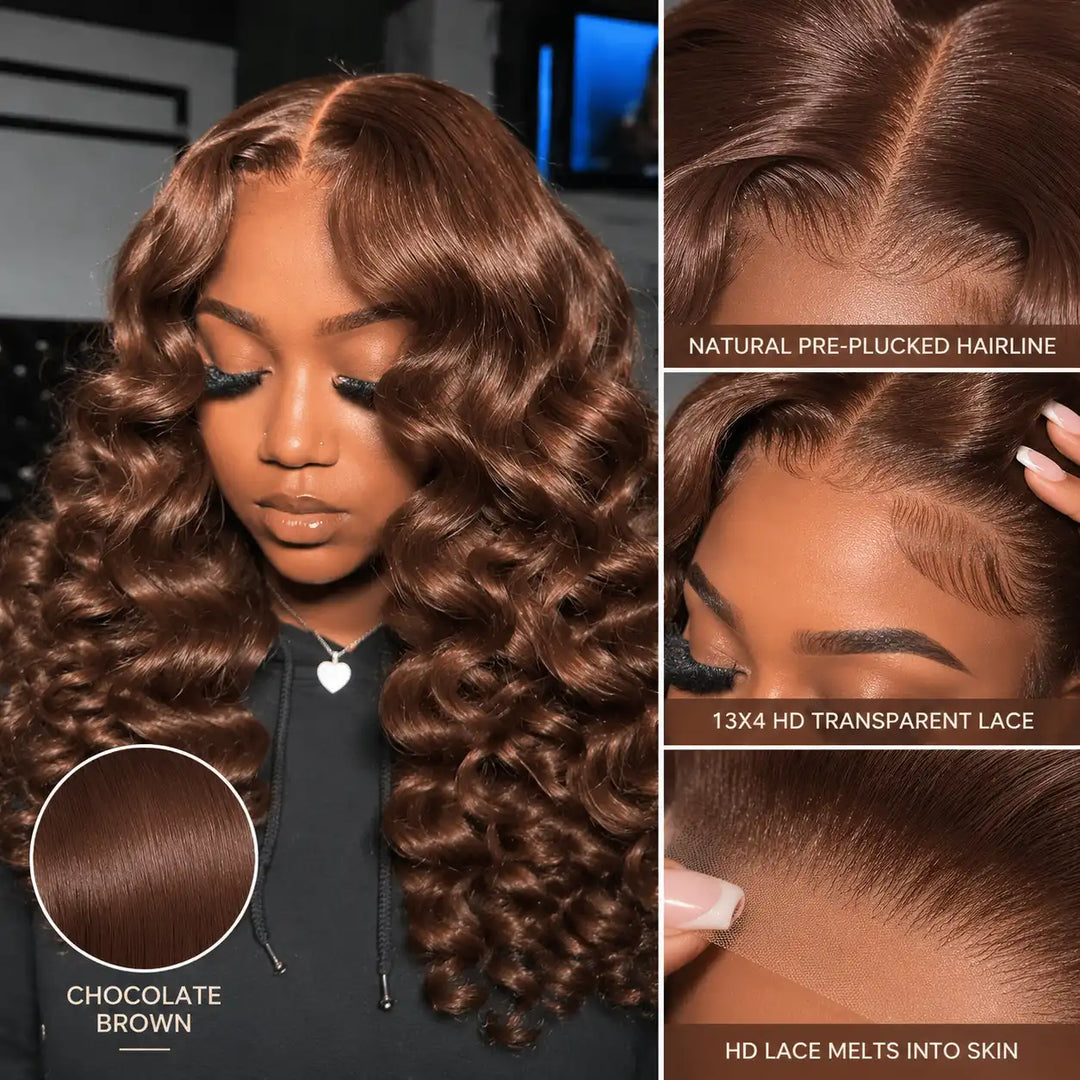 Chocolate Brown Short Bob Loose Deep Wave Wig 13x4 Lace Frontal 200 Density - 200 Percent Thick Volume Top