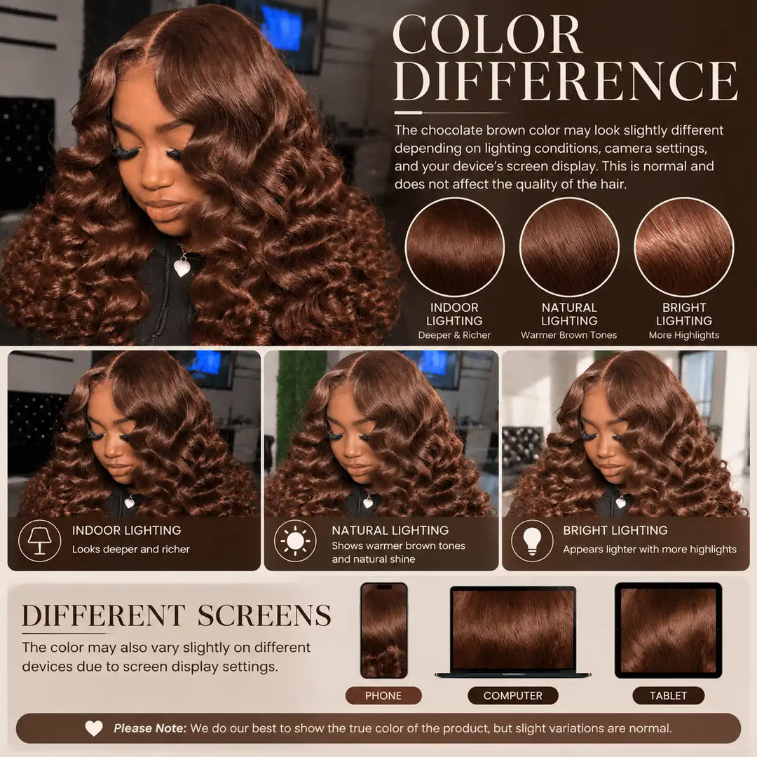 Chocolate Brown Short Bob Loose Deep Wave Wig 13x4 Lace Frontal 200 Density - Color Difference