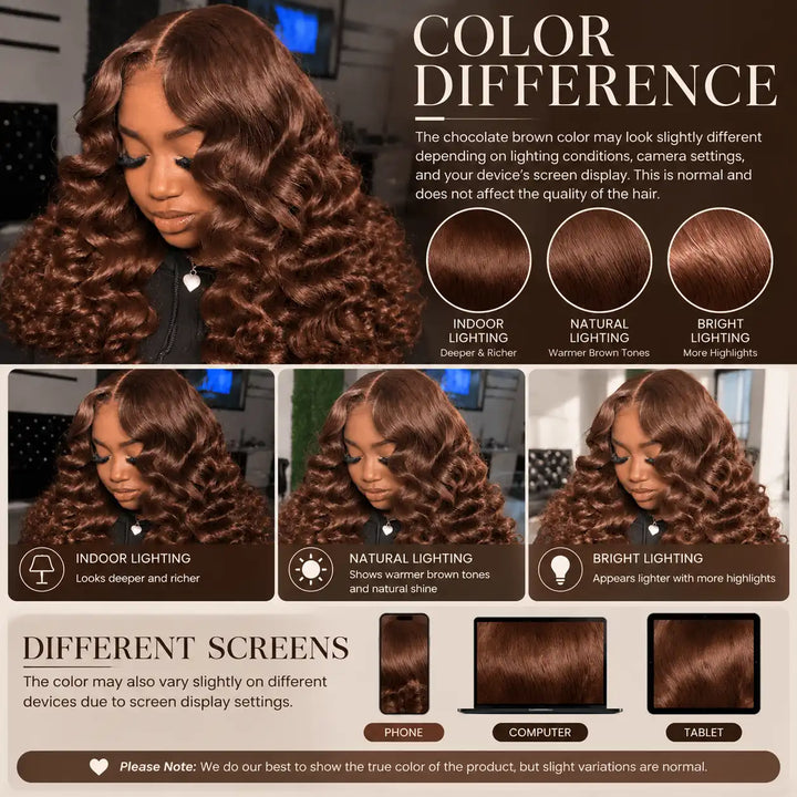 Chocolate Brown Short Bob Loose Deep Wave Wig 13x4 Lace Frontal 200 Density - Color Difference