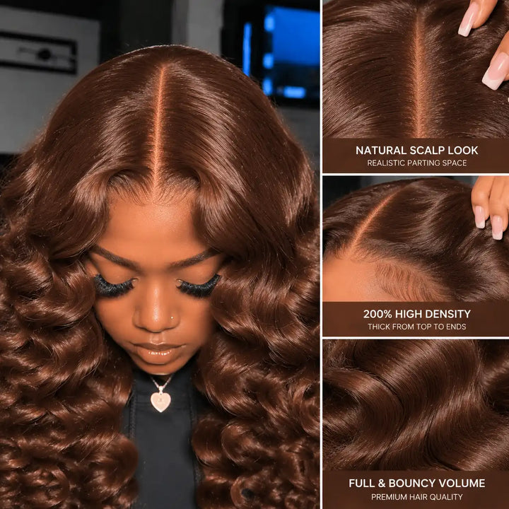Chocolate Brown Short Bob Loose Deep Wave Wig 13x4 Lace Frontal 200 Density - HD Transparent Lace Hairline