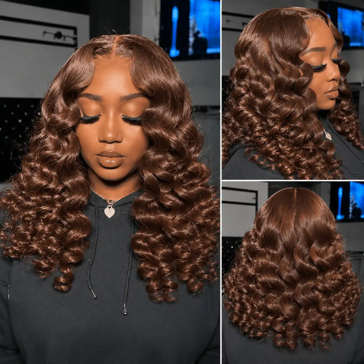 Chocolate Brown Short Bob Loose Deep Wave Wig 13x4 Lace Frontal 200 Density - Side and Back Angle