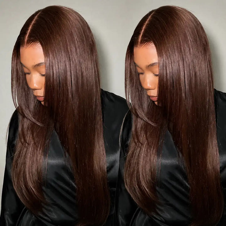 Chocolate Brown Straight Glueless Human Hair Wig Natural Hairline