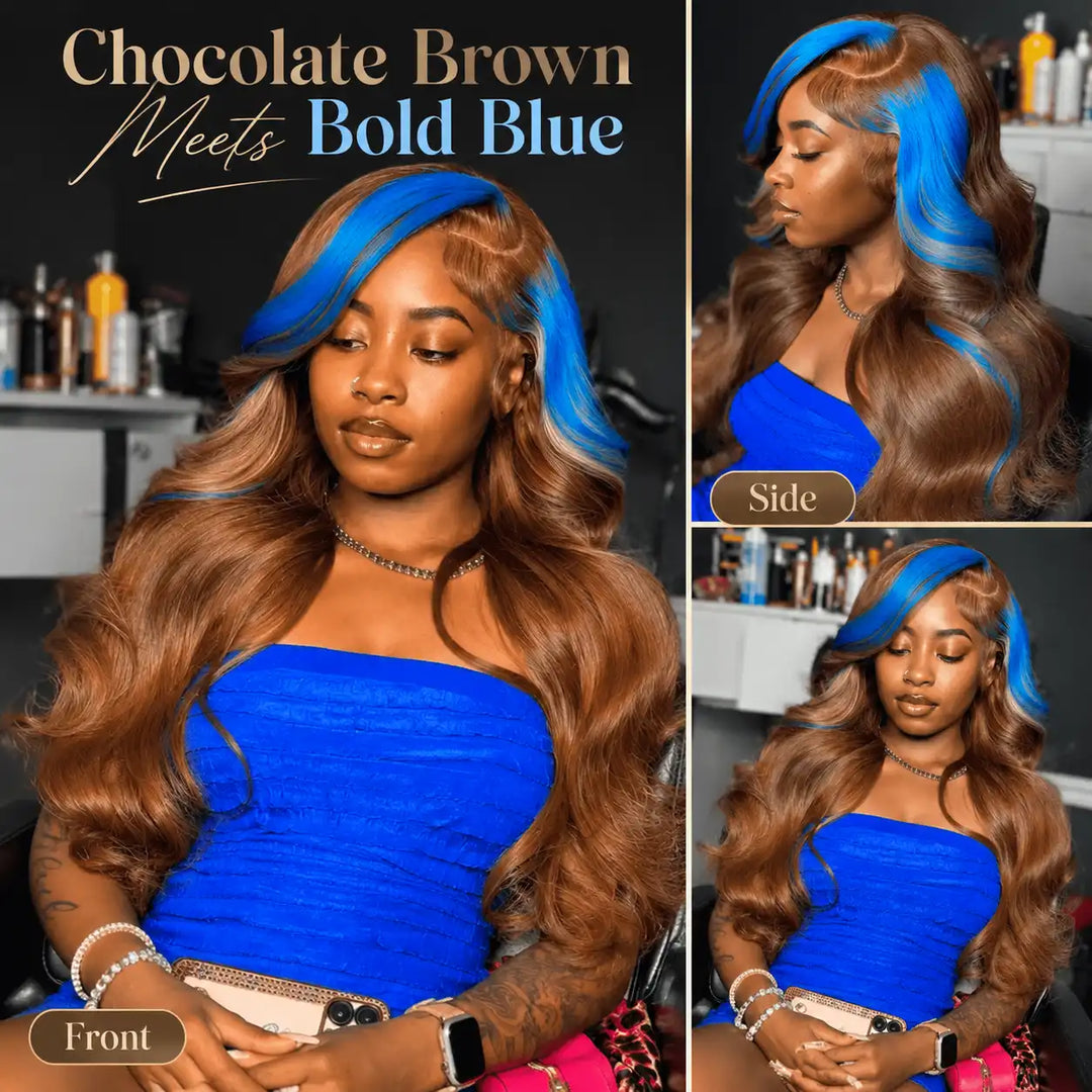 Chocolate Ginger Brown Skunk Stripe Wig With Blue Highlights 13x4 HD Lace Frontal Hair Wigs