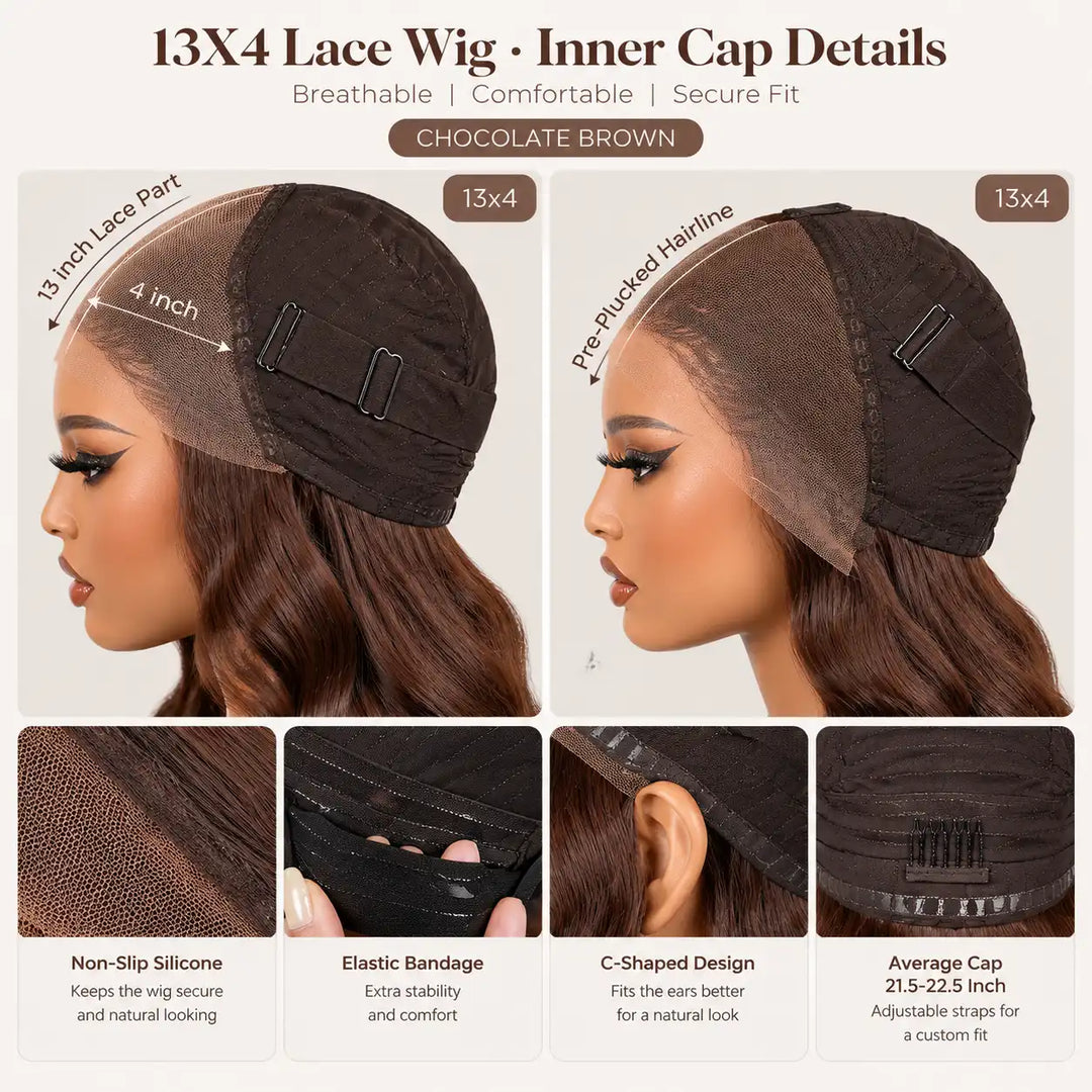 Chocolate brown body wave 13x4 lace front human hair wig worn on large cap size 23-23.5 inch head, model side view