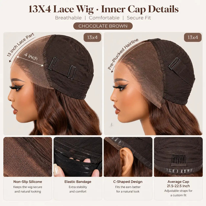 Chocolate brown body wave 13x4 lace front human hair wig worn on large cap size 23-23.5 inch head, model side view