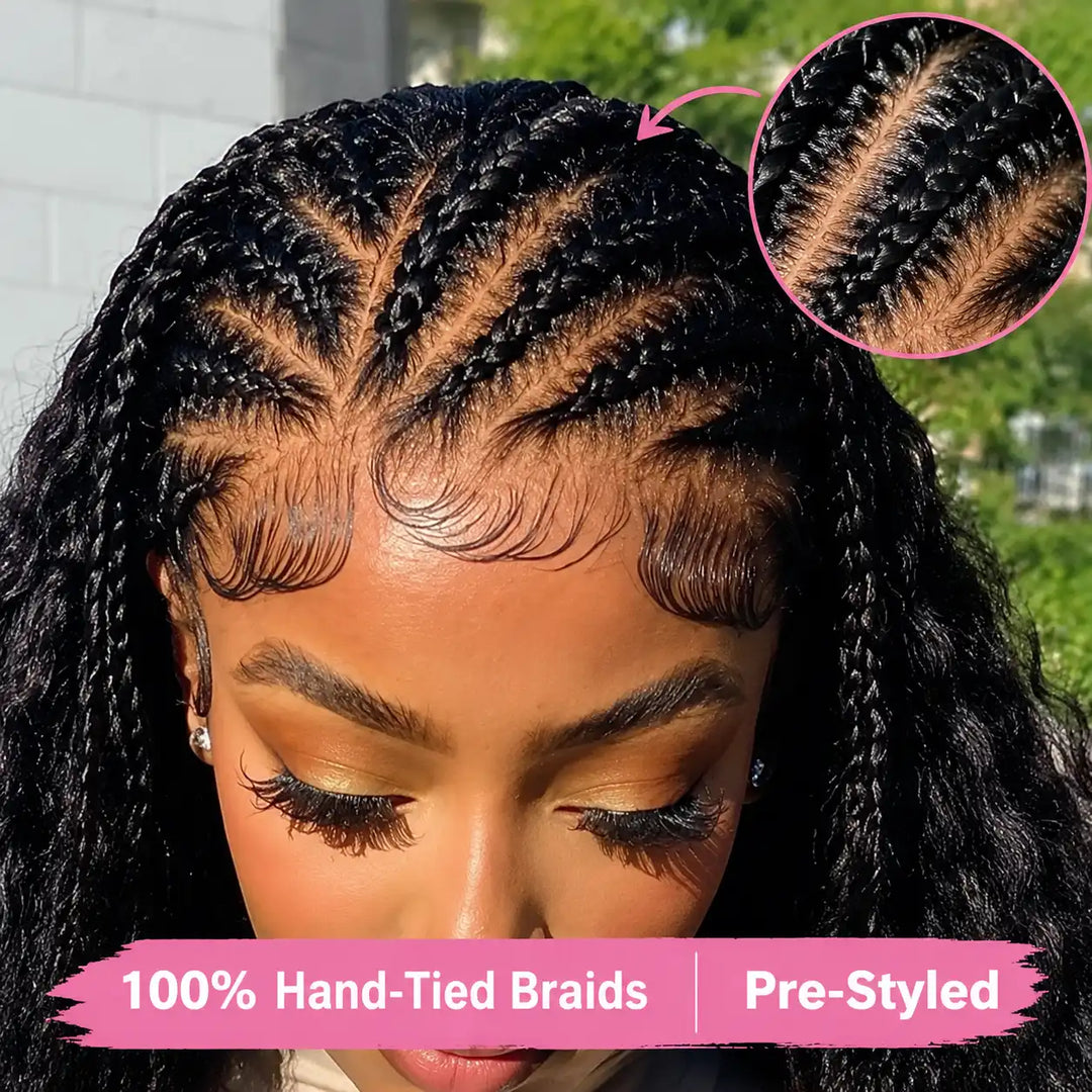 Close-Up of 100% Hand-Tied Cornrow Braids on Aliglossy Pre-Braided Deep Wave HD Lace Frontal Wig